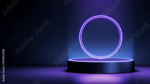 Abstract neon podium stage with glowing circular rings creates futuristic exhibition space for product display and marketing presentation utilizing vibrant blue and purple cinematic lighting.