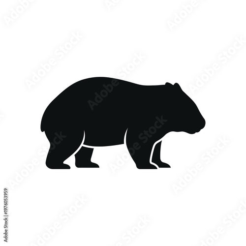Black silhouette of a wombat walking, side view, on a clean white background animal
