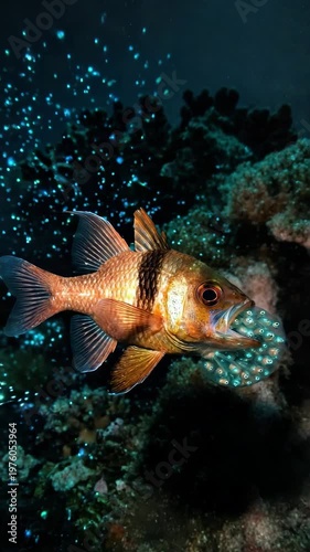A vibrant fish swims through sparkling waters, dancing among glowing coral
