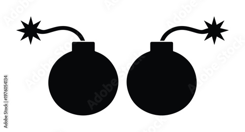Black bomb silhouette icons with burning wicks, set of two round explosive symbols, flat vector illustration for gaming and warning signs