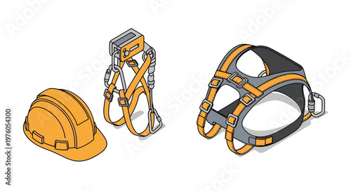 Essential safety gear for construction and industrial work, including a hard hat and two types of safety harnesses.