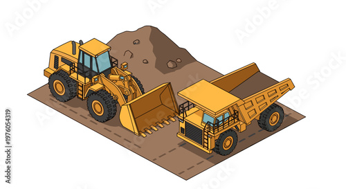 Heavy construction machinery at work, a front-end loader and a dump truck.