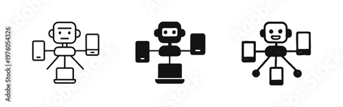AI integration with devices icon set: Robot controlling multiple smartphones and laptops