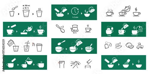 Set of methods of brewing tea, coffee and cold drinks. Preparation instructions. Vector elements for infographics. Set of sign for detailed guideline. Ready for your design. EPS10.