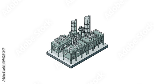 Industrial factory building with multiple smokestacks and complex piping systems.