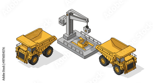 Isometric heavy mining dump trucks and industrial crane for construction.