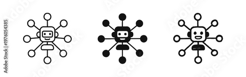 AI network hub icon set: Chatbot central intelligence and distributed system