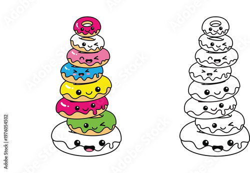 Cute Kawaii Donut Tower Illustration with Colorful and Line Art Versions for Coloring Book, Vector Sweet Dessert Food Character Design on White