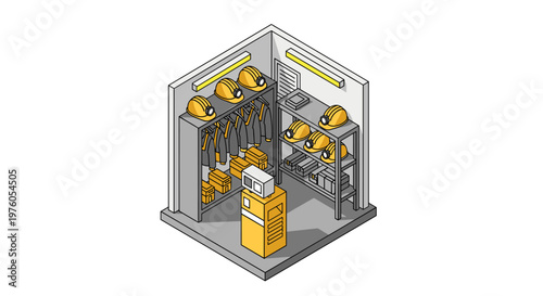 Isometric illustration of a locker room with safety equipment.