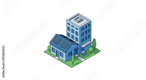 Isometric illustration of a modern building and a house with solar panels.