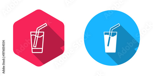 Filled and outline Glass with water icon isolated with long shadow background. Soda glass. Vector