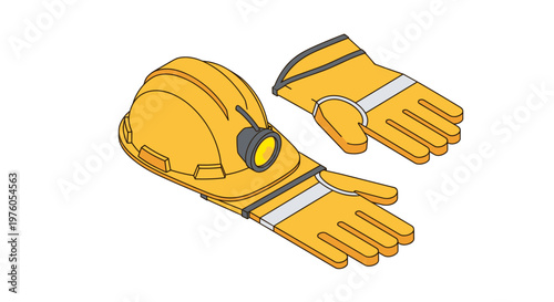 Isometric illustration of a yellow hard hat with a headlamp and protective gloves.