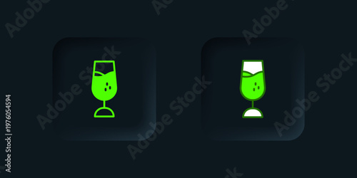 Green Wine glass icon isolated on black background. Wineglass sign. Black square button. Vector