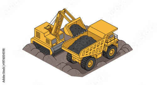 Isometric illustration of an excavator loading coal into a dump truck at a mining site.
