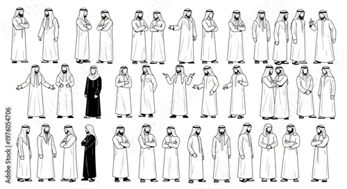 Group of Arab men in traditional attire, standing together in a line.