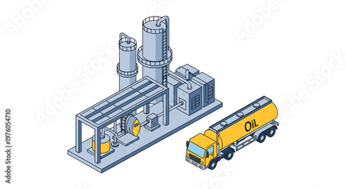 Isometric Oil Refinery and Tanker Truck Delivering Fuel.