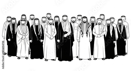 Group of Arab men in traditional attire standing together in a line.