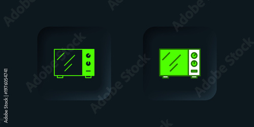 Green Microwave oven icon isolated on black background. Home appliances icon. Black square button. Vector