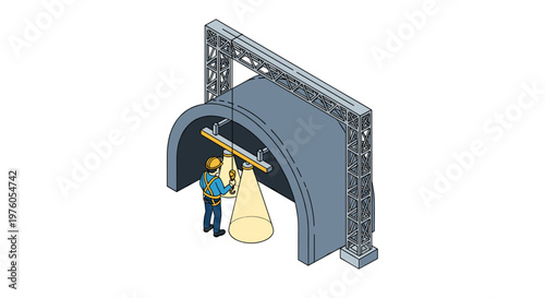 Isometric view of a worker installing a large curved screen.
