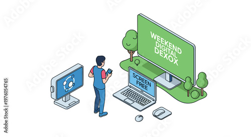 Man with smartphone in digital detox environment with large screens.