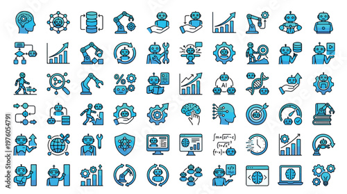 AI and Robotics Icon Set in Blue Gradient Line Style. A collection of Robotics Linear Icons, including artificial intelligence, machine learning, automation, industrial arm, drone