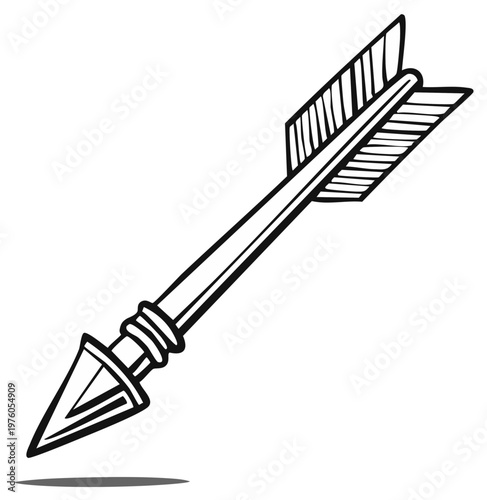 Illustration of a single arrow with fletching and a point, sketched in black and white with shadow detail