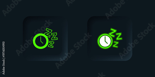 Green Alarm clock icon isolated on black background. Wake up, get up concept. Time sign. Black square button. Vector
