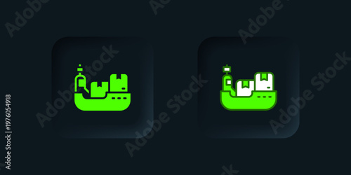 Green Cargo ship with boxes delivery service icon isolated on black background. Delivery, transportation. Freighter with parcels, boxes, goods. Black square button. Vector