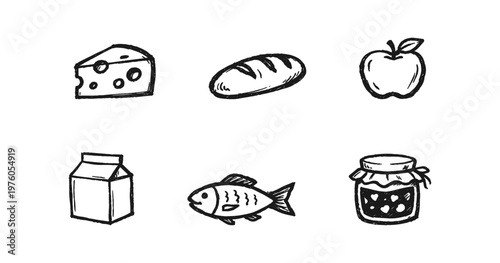 Hand-drawn icons of common food items like cheese, bread, apple, milk, fish, and jam. Vector