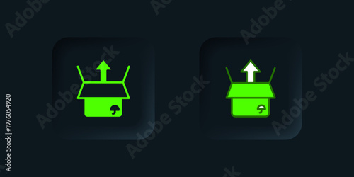 Green Unboxing icon isolated on black background. Black square button. Vector