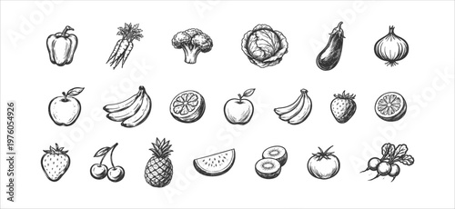 Hand-drawn collection of fresh fruits and vegetables in sketch style