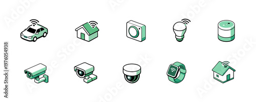 Collection of isometric icons representing smart home and connected devices. Vector