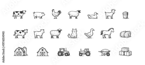 Collection of hand-drawn farm animals and equipment in a sketch style. Vector
