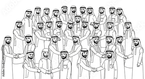 Group of Arab men in traditional attire shaking hands and smiling.