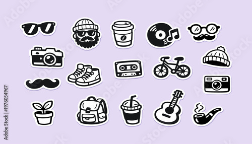 Collection of hand-drawn hipster icons and symbols on a light purple background. Vector