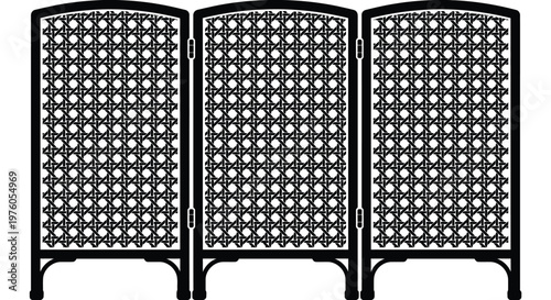 Black three-panel room divider with woven geometric pattern, arched on white background