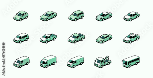 Collection of isometric vehicles including cars, trucks, vans, and a bus. Vector