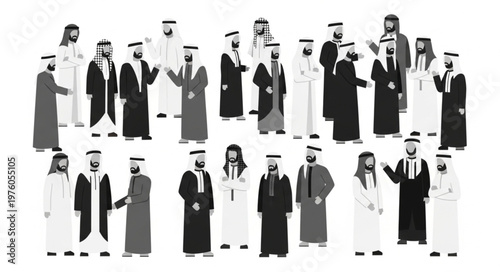 Group of Arab men in traditional attire, socializing and interacting.
