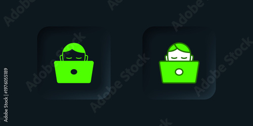Green Student working at laptop icon isolated on black background. Workplace concept. Black square button. Vector