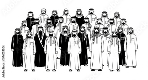 Group of Arab men in traditional attire standing together.