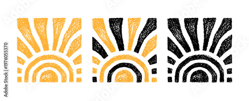 Hand drawn sun, summer doodle icon. Sunrise square pattern, crayon background. Vector handdrawn illustration with chalk texture, abstract weather poster, black and yellow isolated sketches. Summer bg