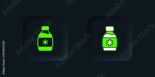 Green Bottle of medicine syrup icon isolated on black background. Black square button. Vector