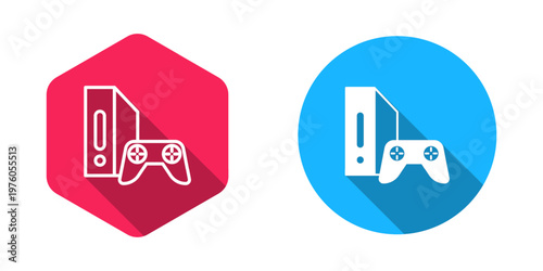 Filled and outline Video game console with joystick icon isolated with long shadow background. Vector