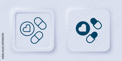 Filled and outline Medicine pill or tablet icon isolated on grey background. Capsule pill and drug sign. Pharmacy design. Square button. Vector