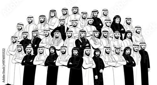 Group of Arab men in traditional attire, standing together.