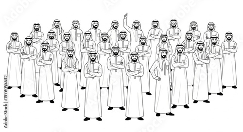 Group of Arab men in traditional attire standing together.