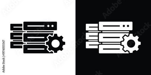 Technical icon featuring server rack units and a gear symbol. Ideal for web hosting settings, hardware maintenance, infrastructure configuration, and IT backend management services.