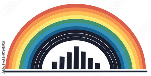 Colorful rainbow graphic above a stylized cityscape silhouette, illustration