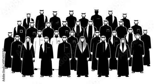 Group of Arab men in traditional attire standing together.