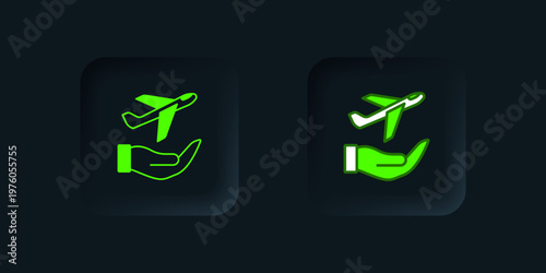 Green Plane in hand icon isolated on black background. Flying airplane. Airliner insurance. Security, safety, protection, protect concept. Black square button. Vector